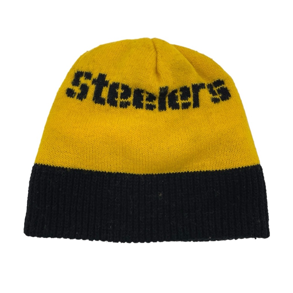 Vintage 80s 90s Pittsburgh Steelers Beanie Knit Hat Black and Gold Logo Stripes